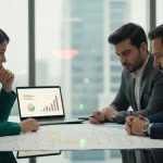 جلسه مدیران در حال سنجش قابلیت درآمدزایی ایده و اعتبارسنجی تقاضای بازار با بررسی مدل درآمدی و نمودارهای رشد