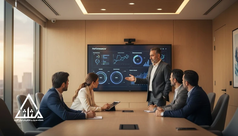 جلسه مدیران در حال بررسی عملکرد تیم و تصمیم‌گیری درباره سبک رهبری نتیجه‌ساز