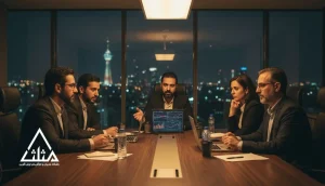جلسه مدیریتی استارتاپ با نمودارهای نزولی؛ تصویر مفهومی از الگوهای پنهان شکست استارتاپ‌ها و تصمیم‌گیری مدیران